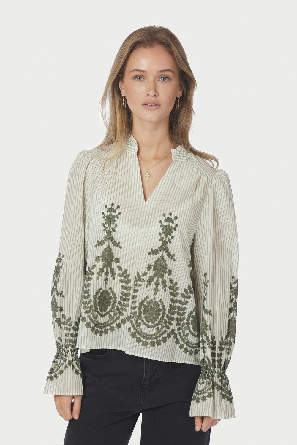 Amara Stripe Emb bluse - Dusty Green